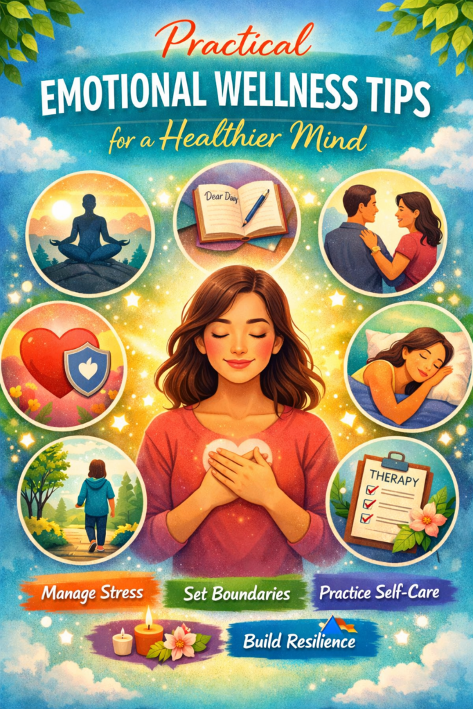 Emotional wellness tips illustration showing mindfulness, self-care, stress management, and mental health balance